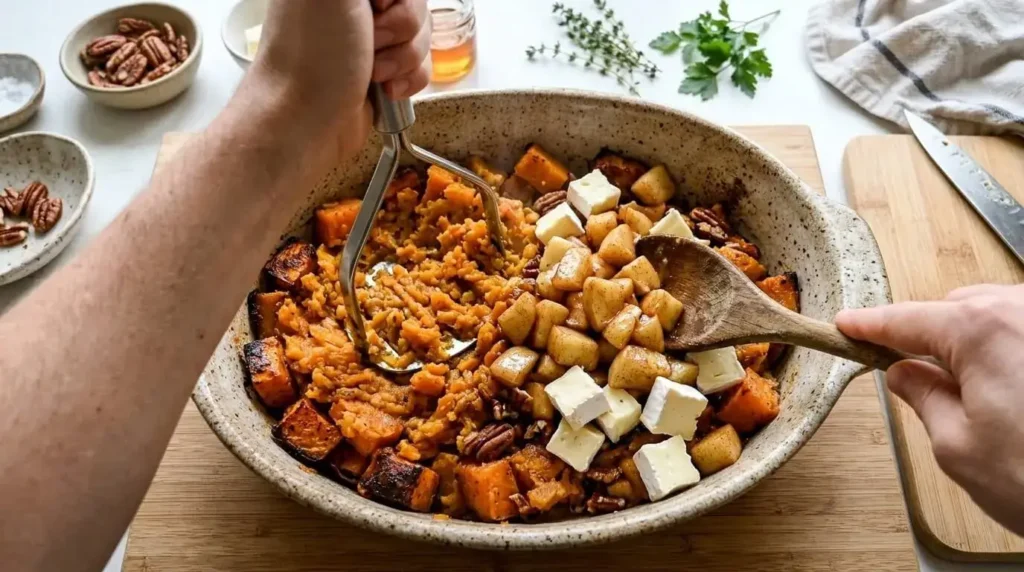 Coarsely mashing roasted sweet potatoes and butternut squash with a potato masher in a baking dish before adding apples and brie.