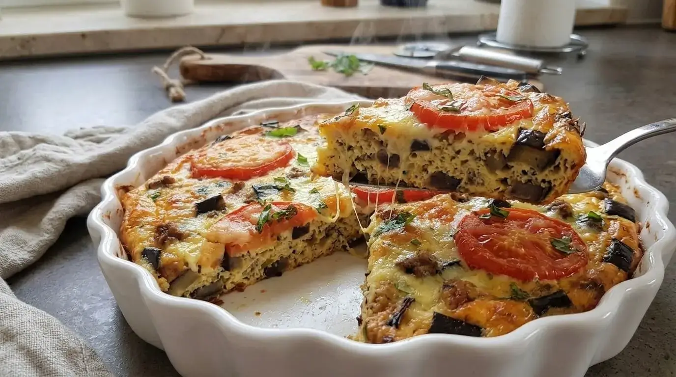Eggplant & Tomato Crustless Quiche bubbling in a white scalloped ceramic dish with fresh basil and tomatoes.