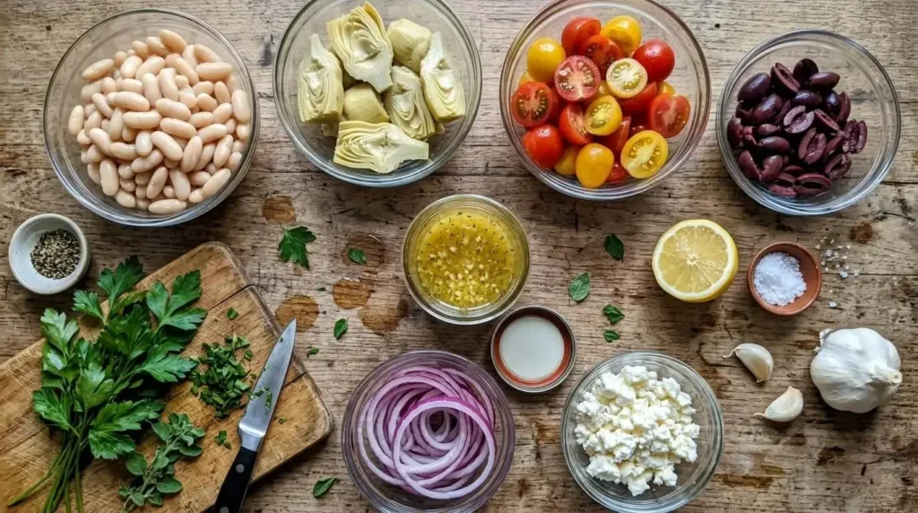 Fresh ingredients for Mediterranean white bean salad prepped in small glass bowls with garlic herb vinaigrette.