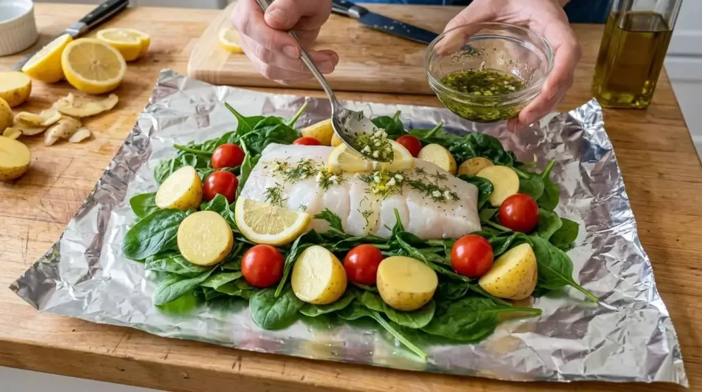 Assembling white fish fillet, baby potatoes, tomatoes, and spinach on aluminum foil before folding[cite: 1].