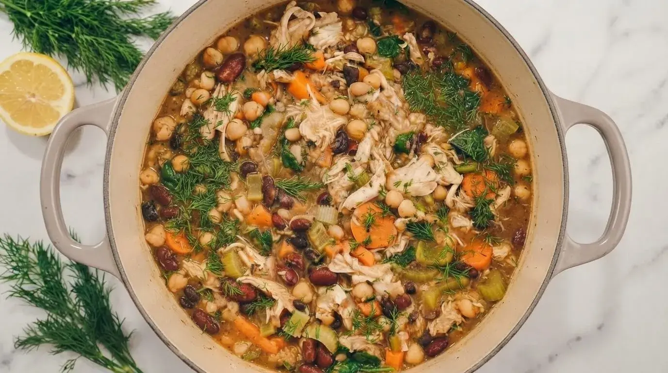 A Dutch oven filled with hot Mediterranean chicken and mixed bean soup garnished with fresh dill and lemon slices.