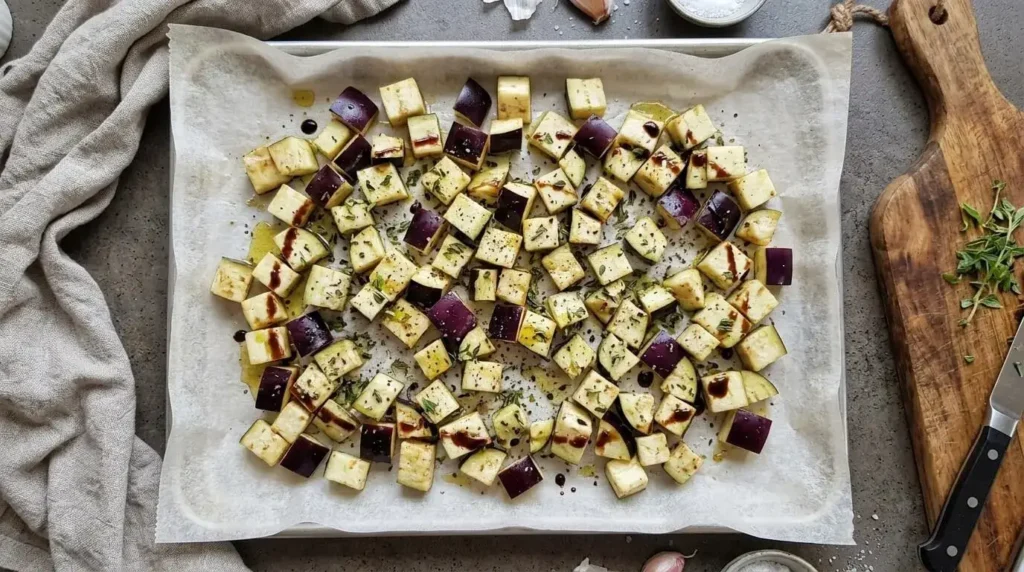Cubed eggplant tossed in olive oil and balsamic vinegar on a baking sheet ready for roasting.