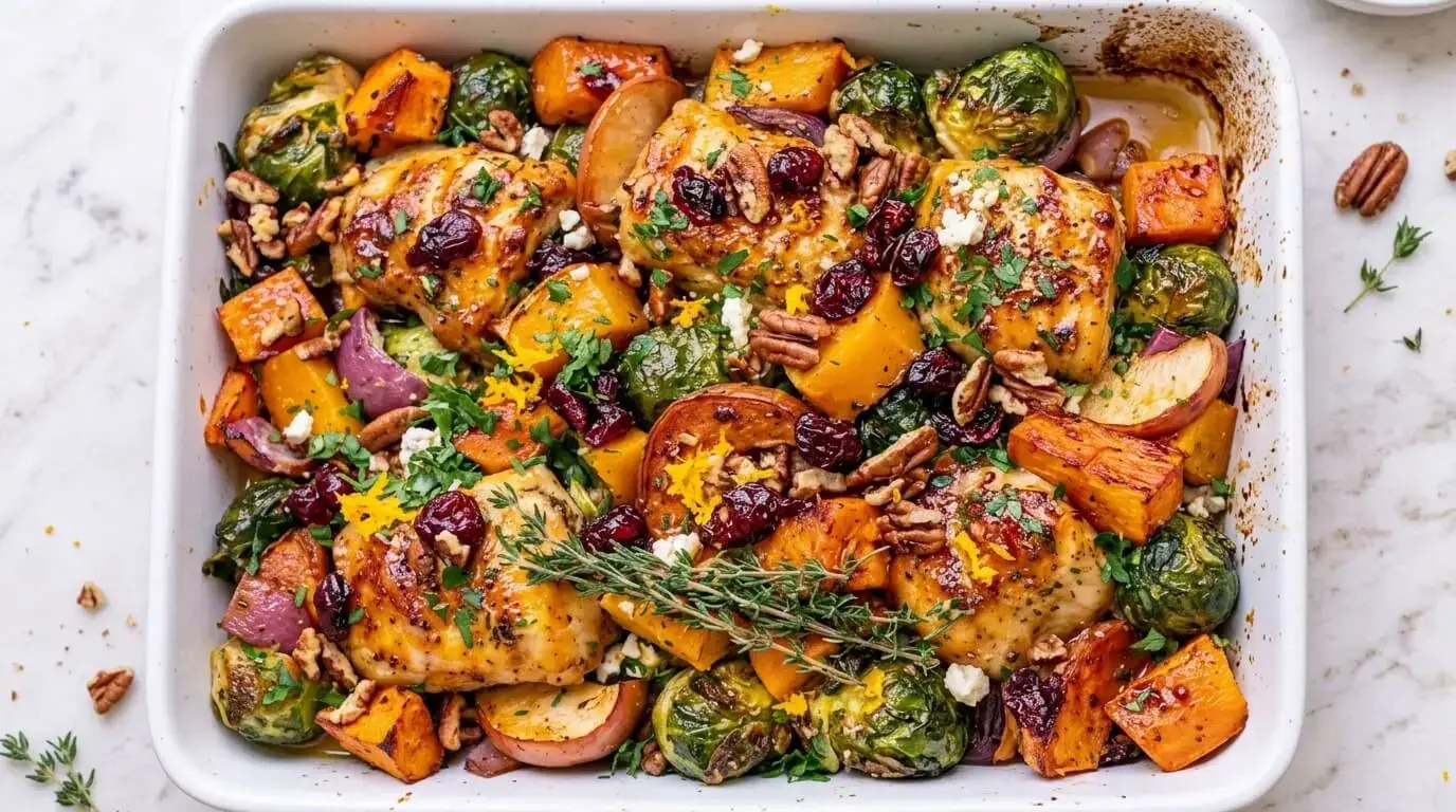 Top-down view of Mediterranean Fall Harvest Chicken Bake with roasted squash, Brussels sprouts, cranberries, and feta in a baking dish.