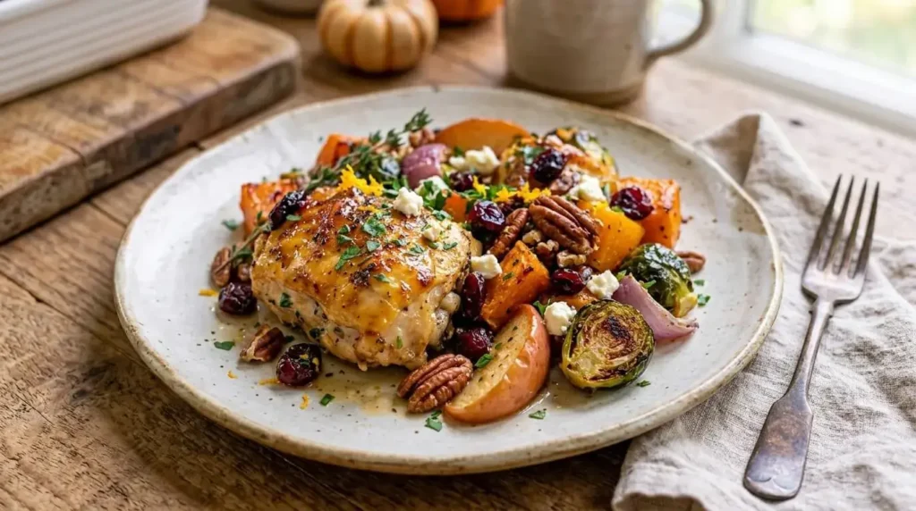 A plated portion of Fall Harvest Chicken Bake featuring a roasted chicken thigh, squash, Brussels sprouts, and feta garnish.
