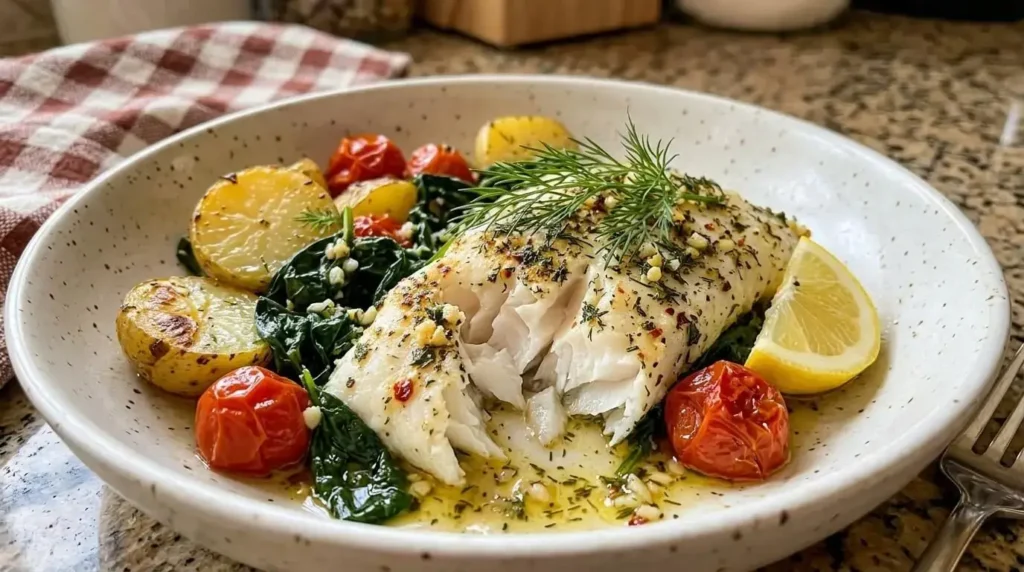Plated portion of flaky baked white fish with roasted potatoes, burst cherry tomatoes, and lemon wedges[cite: 1].