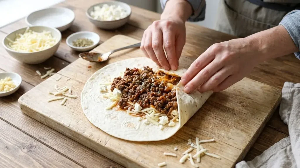 Folding a flour tortilla filled with seasoned ground beef, mozzarella, and feta cheese into a square pocket parcel.