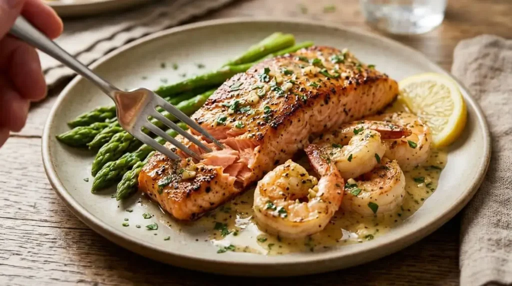 Plated creamy lemon garlic salmon and shrimp served with asparagus.