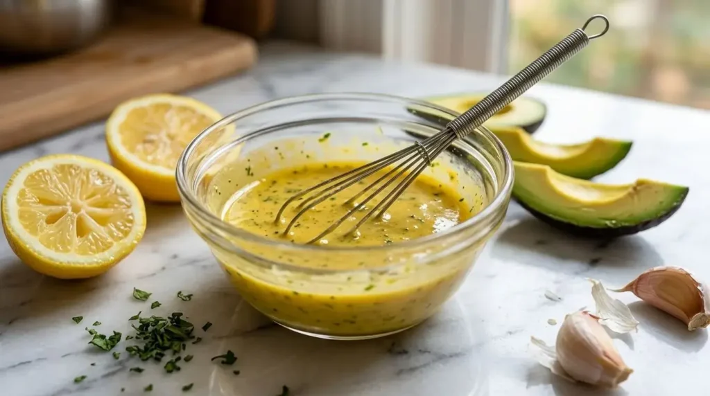 Small bowl of whisked Greek yogurt citrus dressing for low-carb shrimp stuffed avocado.
