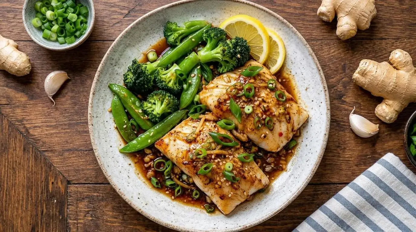 Pan-seared Glossy Ginger Soy Cod Fillets with broccoli and snap peas garnished with sesame seeds and green onions.