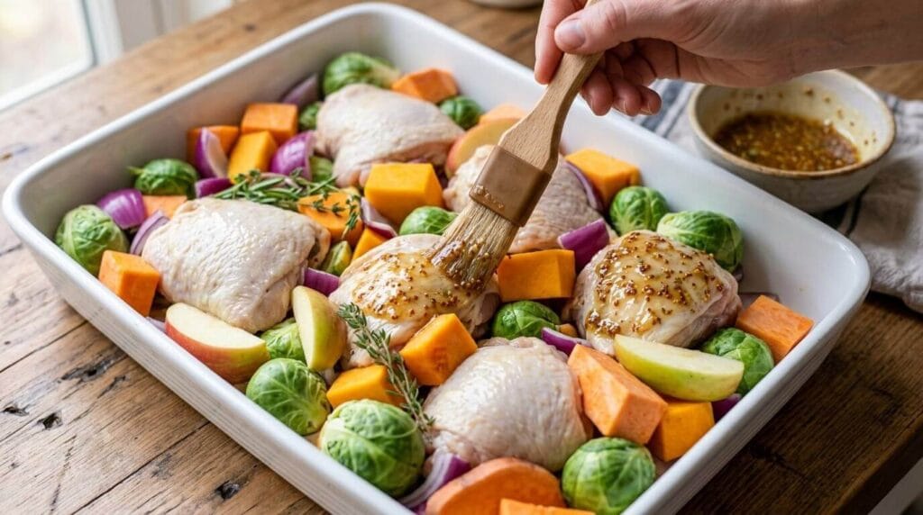 Raw chicken thighs and autumn vegetables arranged on a sheet pan being brushed with honey-dijon glaze before baking.