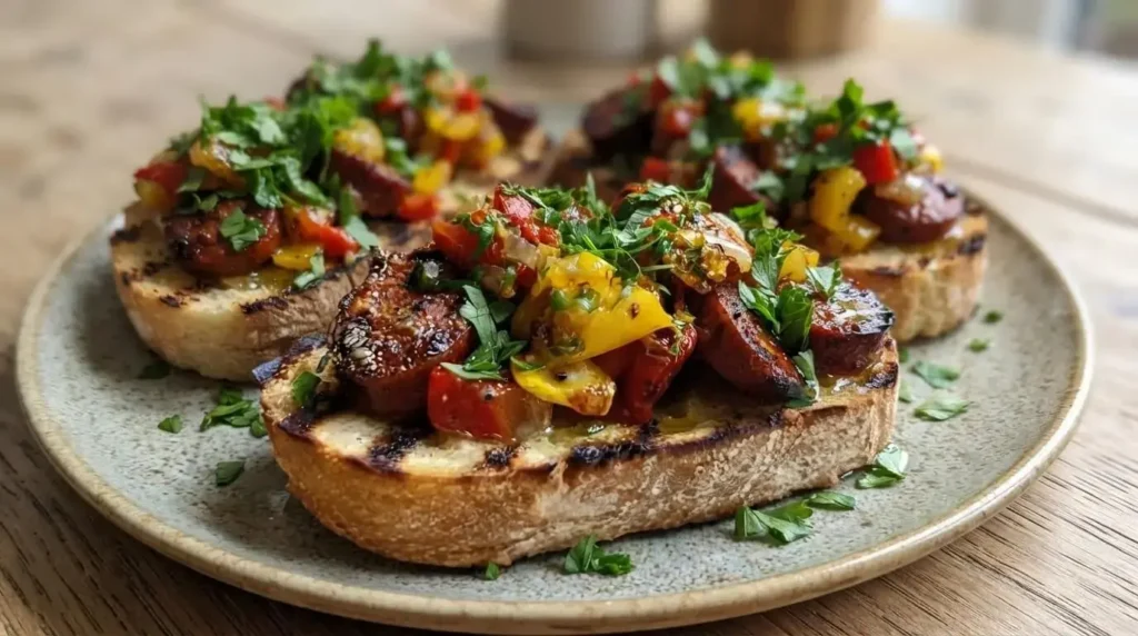 Sausage and Roasted Pepper Bruschetta served on grilled sourdough bread with chopped fresh herbs.