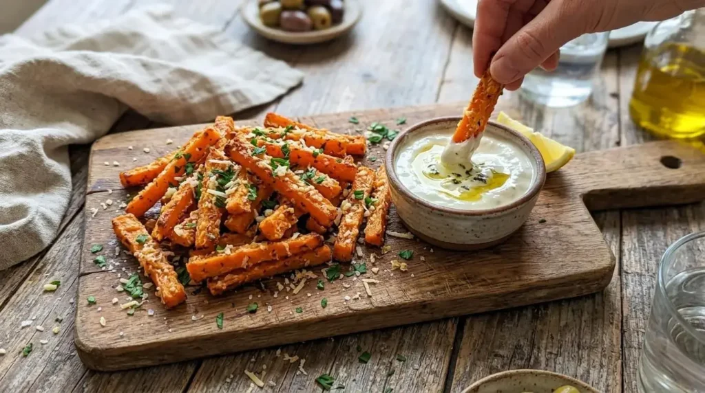 Dipping a crispy baked garlic parmesan carrot fry into creamy Greek yogurt garlic aioli.