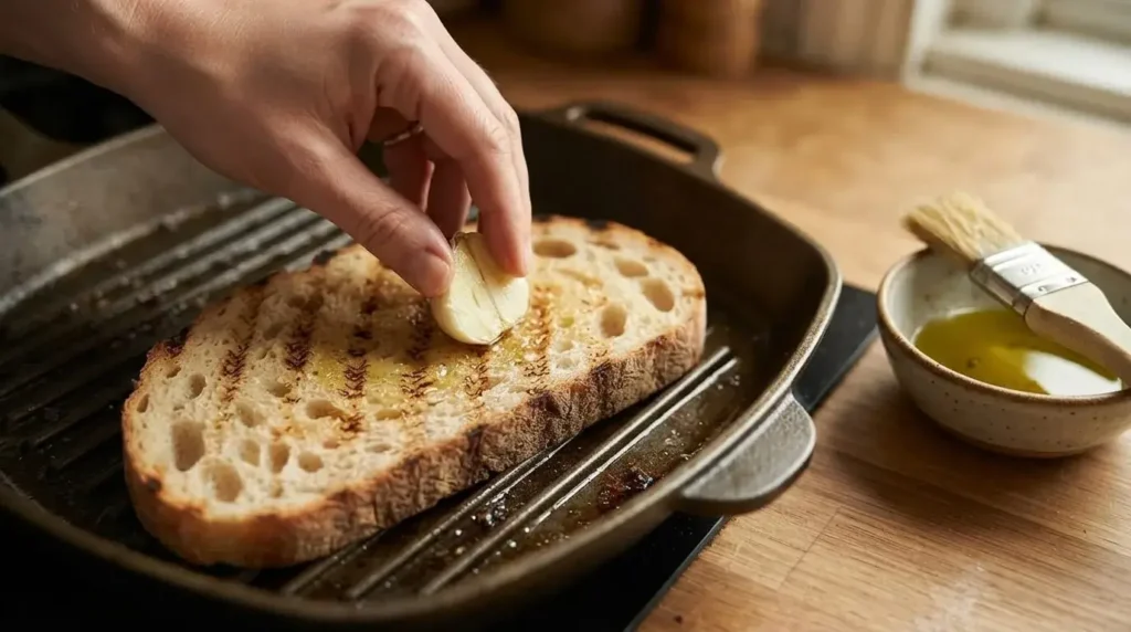 Rubbing a fresh raw garlic clove onto grilled sourdough bread for bruschetta.