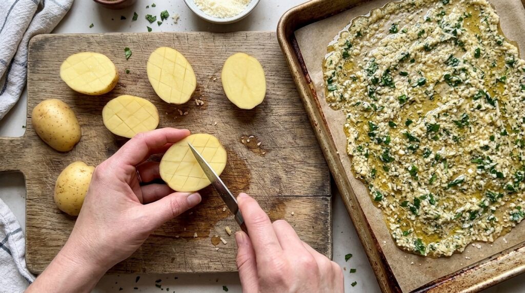 Step-by-step scoring of halved baby Yukon Gold potatoes next to a sheet pan layered with an extra virgin olive oil parmesan slurry.