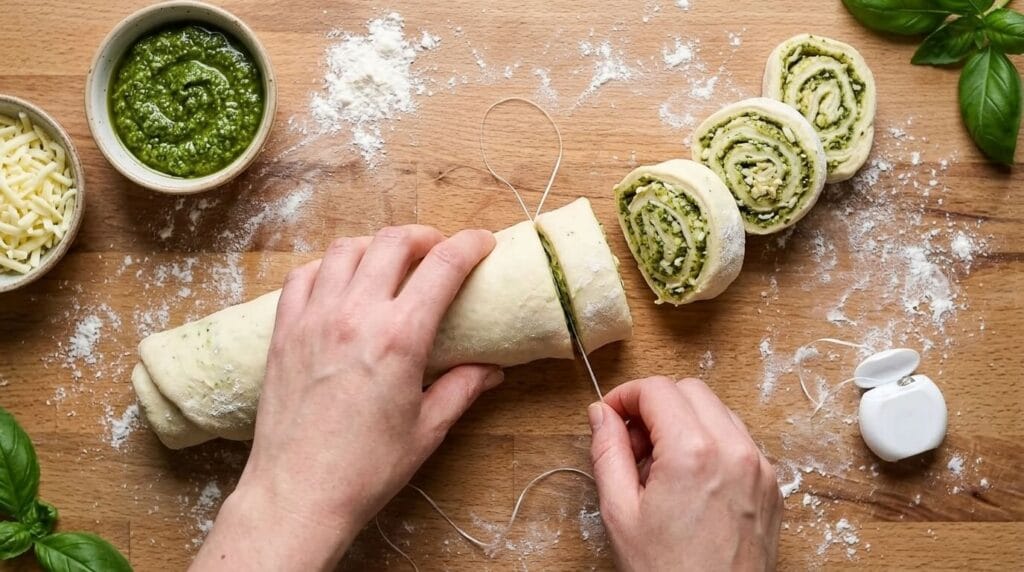 Slicing a rolled dough log into individual pesto pinwheels using dental floss.