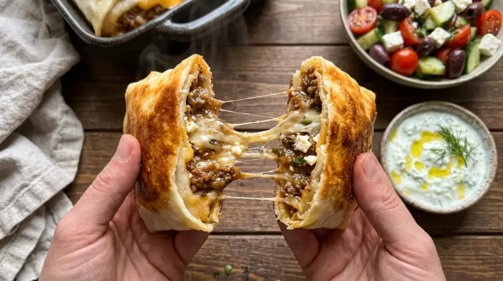 Sliced cheesy beef pocket showing melted cheese interior served with a side of cool tzatziki dipping sauce.