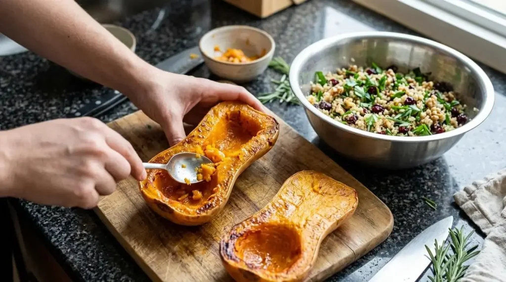 Preparing the quinoa and cranberry stuffing mixture alongside roasted butternut squash halves.
