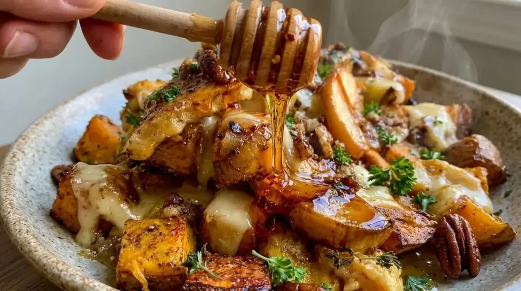 Drizzling spicy hot honey over warm sweet potato butternut apple smash garnished with toasted pecans and thyme.