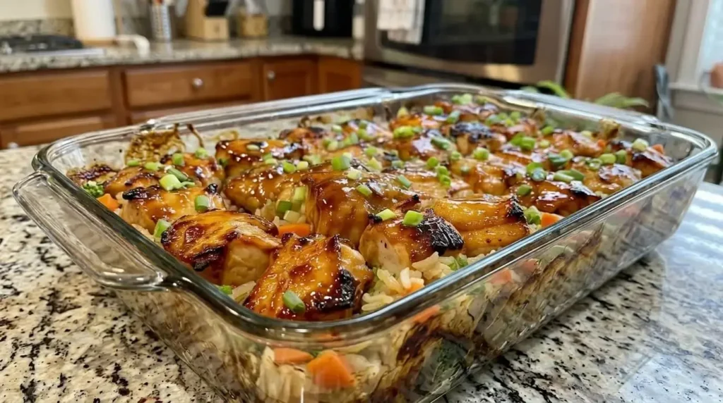 Sticky honey garlic chicken and rice casserole garnished with fresh green onions in a 9x13 baking dish.