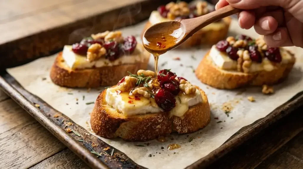 Drizzling warm hot honey over melted Brie, cranberries, and walnuts on crostini slices.