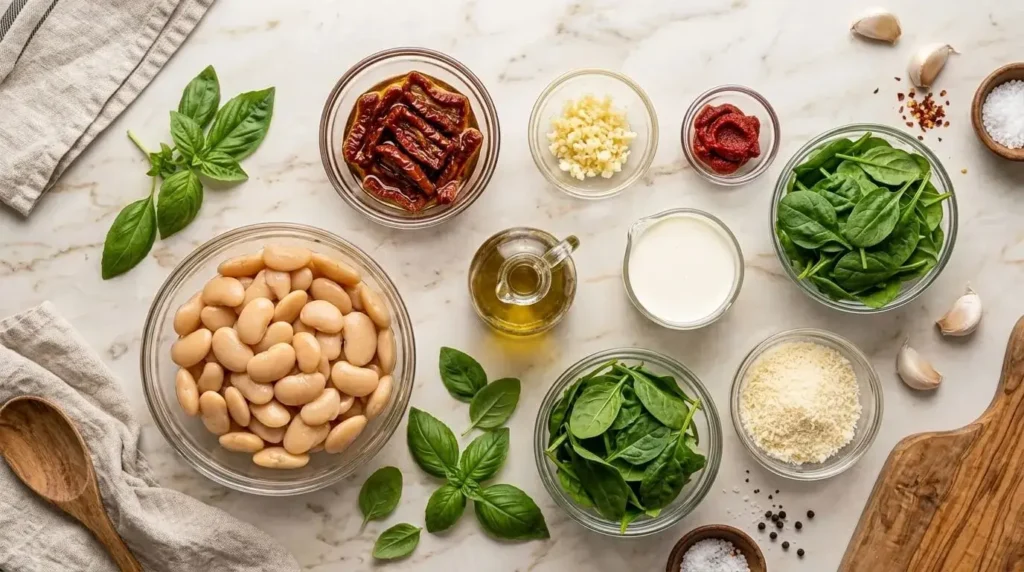 Fresh Mediterranean ingredients including butter beans, garlic, sun-dried tomatoes, and spinach on a marble counter.