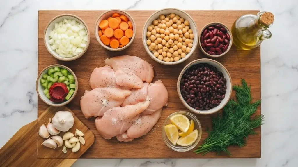 Fresh ingredients for chicken and mixed bean soup including carrots, celery, onions, mixed beans, raw chicken, and lemon.