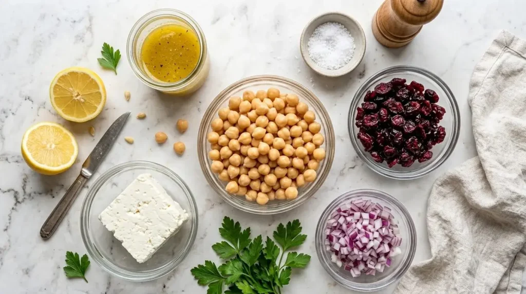 Ingredients for Feta and Cranberry Chickpea Salad including chickpeas, feta, dried cranberries, red onion, lemon, and olive oil vinaigrette jar.