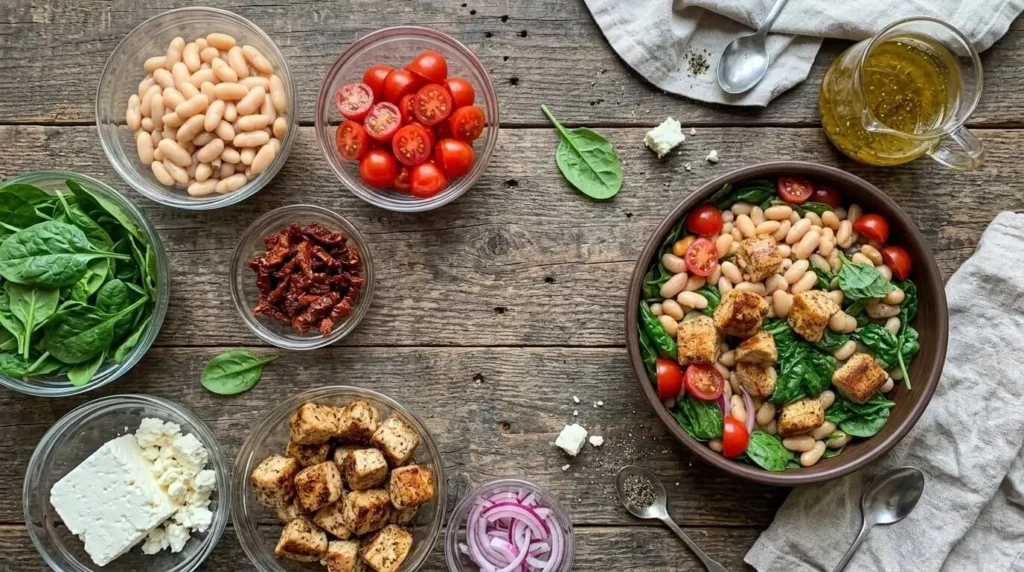 Fresh Mediterranean ingredients including cannellini beans, cherry tomatoes, spinach, and feta cheese ready for assembly.