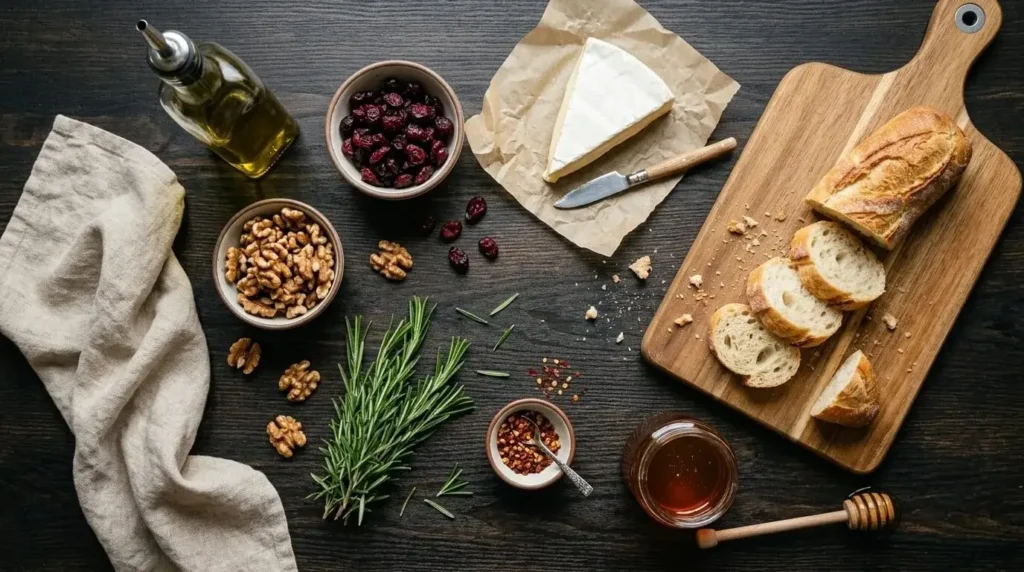 Ingredients for making easy cranberry brie crostini including baguette slices, Brie cheese, walnuts, dried cranberries, and honey.