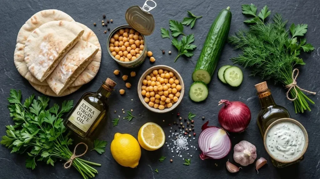 Fresh ingredients laid out for making cucumber and chickpea-stuffed pita pockets.