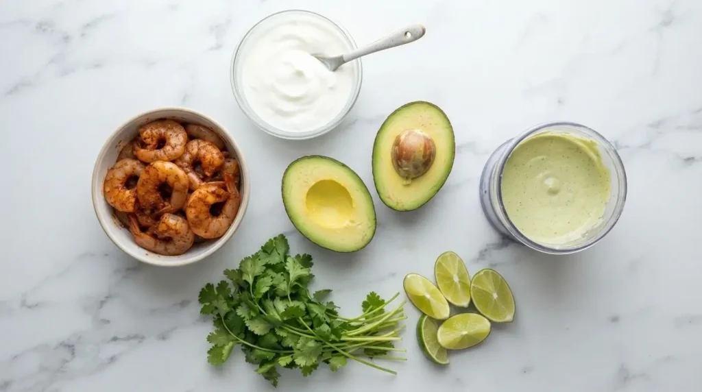 Fresh Mediterranean ingredients for low-carb shrimp taquitos including wild shrimp, Greek yogurt, avocado, limes, and garlic spices.