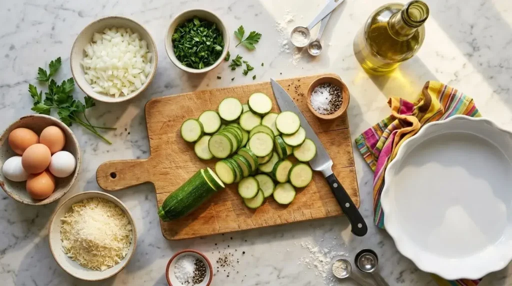 Fresh ingredients for zucchini onion pie including sliced zucchini coins, chopped onions, eggs, and olive oil.
