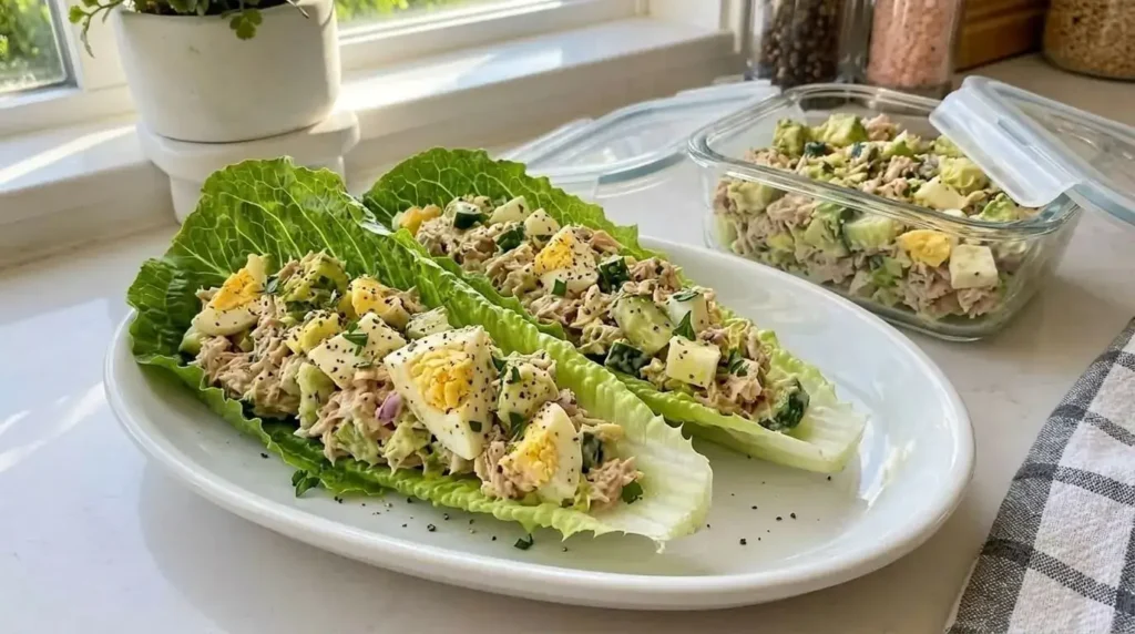Low carb tuna egg avocado salad served inside crisp romaine lettuce wraps on a white plate.