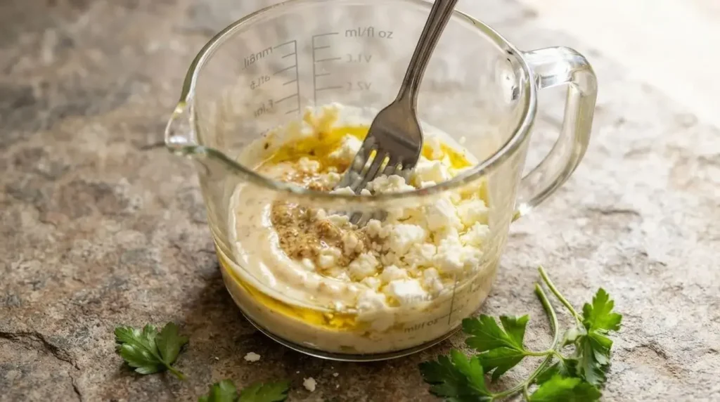 Mashing Greek feta cheese into olive oil and apple cider vinegar vinaigrette with a fork.