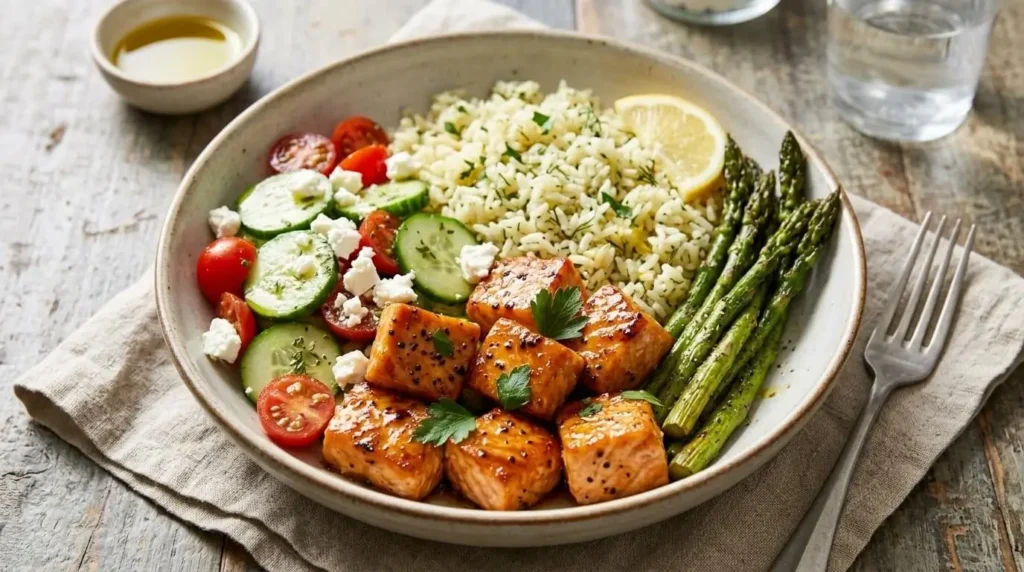 Mediterranean bowl with pan-seared salmon bites, lemon rice, cucumber feta salad, and roasted asparagus.