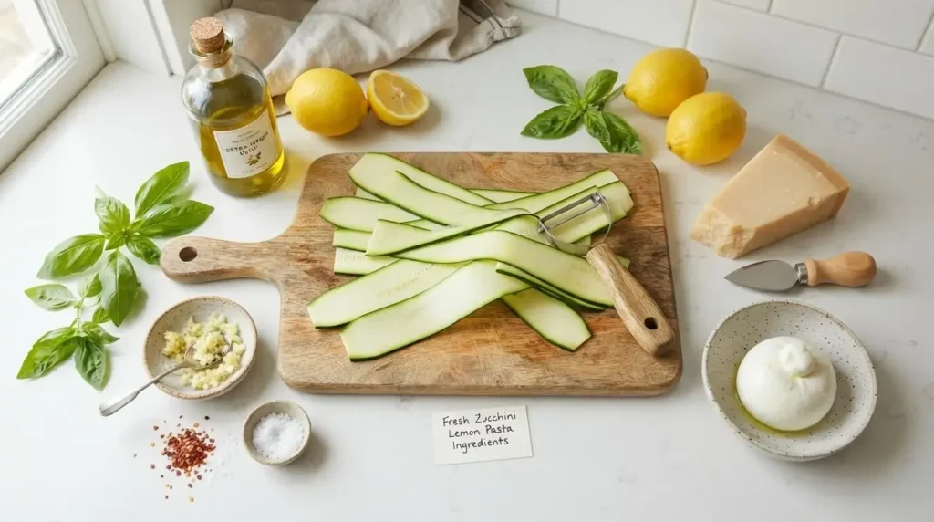 Fresh ingredients including zucchini ribbons, whole lemons, garlic, extra virgin olive oil, fresh basil, and burrata cheese arranged on a wooden board.