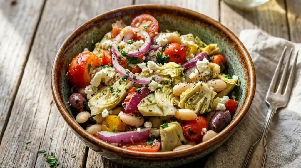 Overhead shot of White Bean and Artichoke Mediterranean Salad in a bowl with tomatoes, olives, and feta.