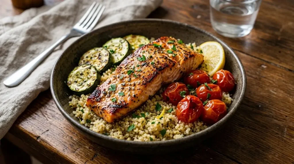 Assembled Garlic Herb Baked Salmon & Zucchini Bowl with quinoa base, roasted vegetables, and lemon garnish.