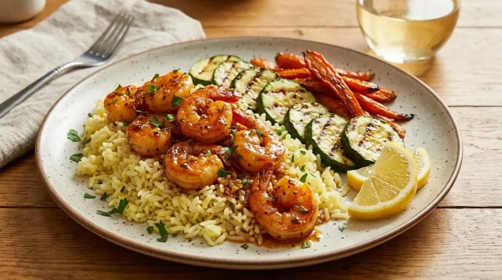Honey garlic butter shrimp served on a plate with lemon rice and roasted vegetables.
