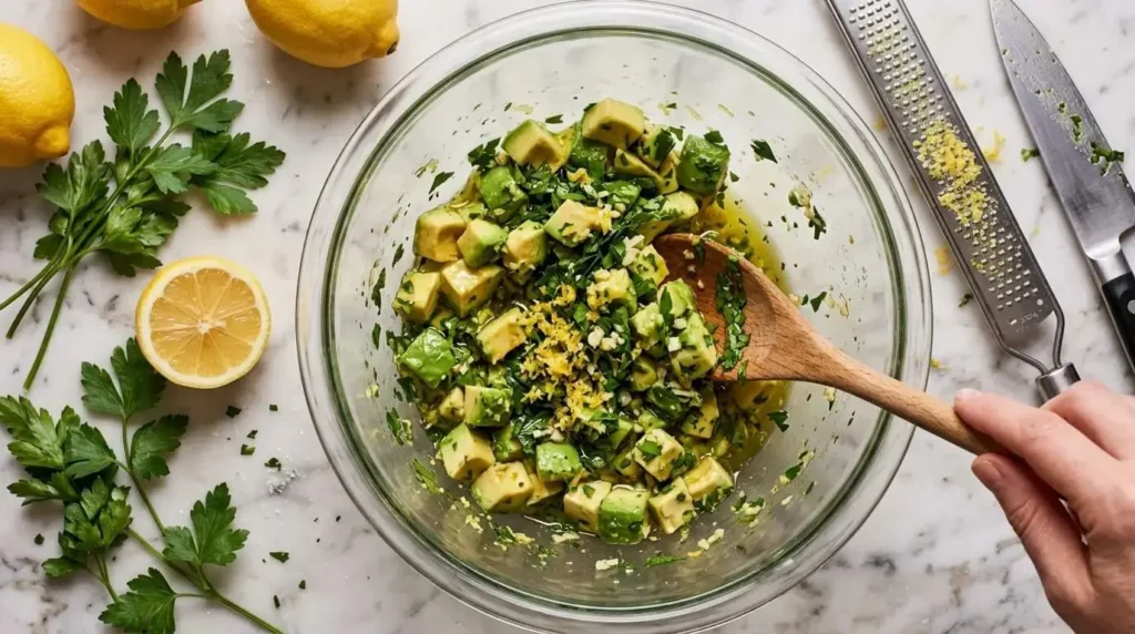 Glass bowl filled with diced avocado, fresh Italian parsley, garlic, and lemon zest for gremolata recipe.