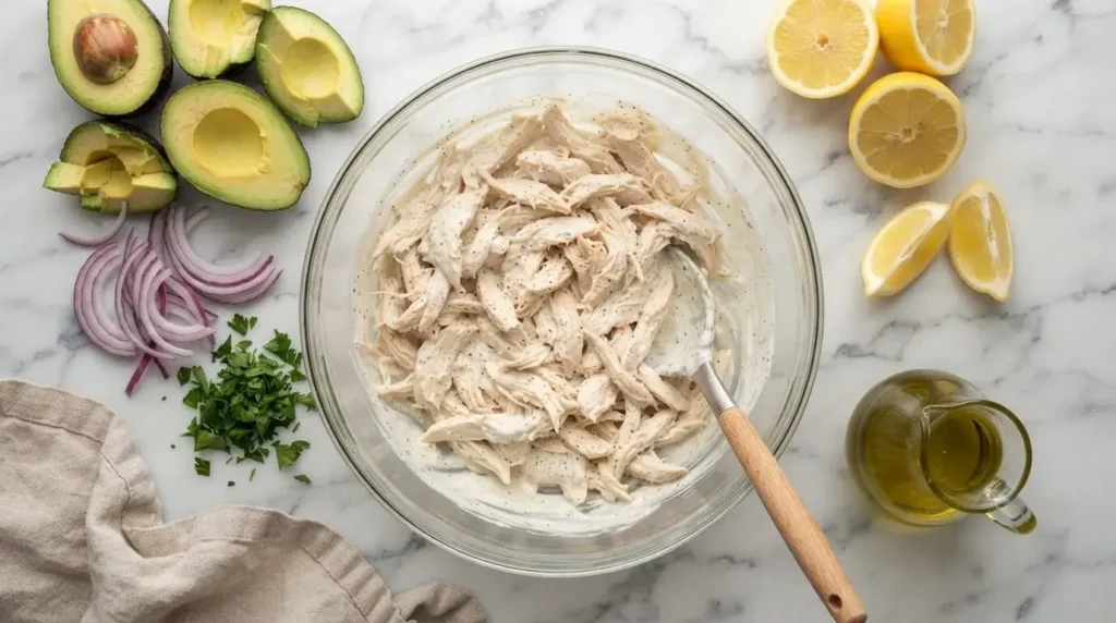 Mixing creamy Greek yogurt dressing with shredded chicken and avocado for lettuce wraps.