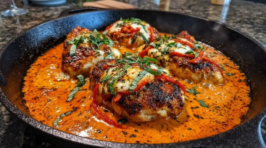 Fresh mozzarella cheese melting over chicken breasts in a simmering garlic red pepper cream sauce.