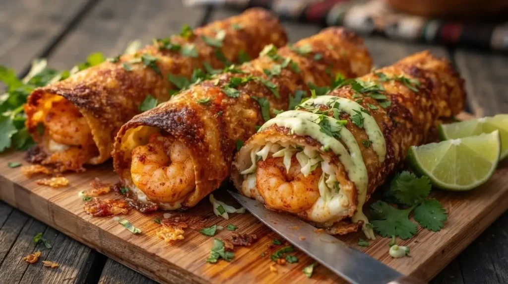 Crispy baked mozzarella shrimp taquitos topped with citrus cabbage slaw and green Greek yogurt avocado crema on a wooden board with lime wedges.