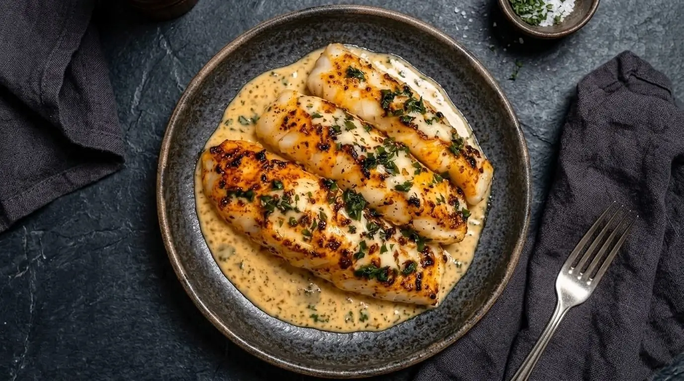 Pan seared garlic herb cod strips served in a rich creamy lemon sauce topped with parsley.