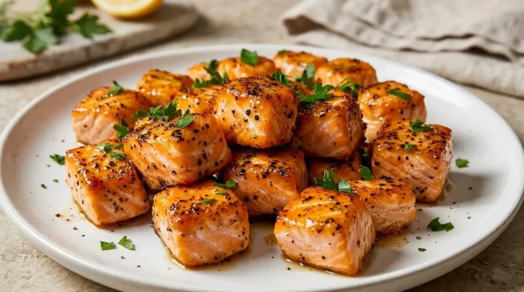 Golden caramelized pan-seared salmon bites coated in honey garlic glaze and coarse black pepper on a white plate.