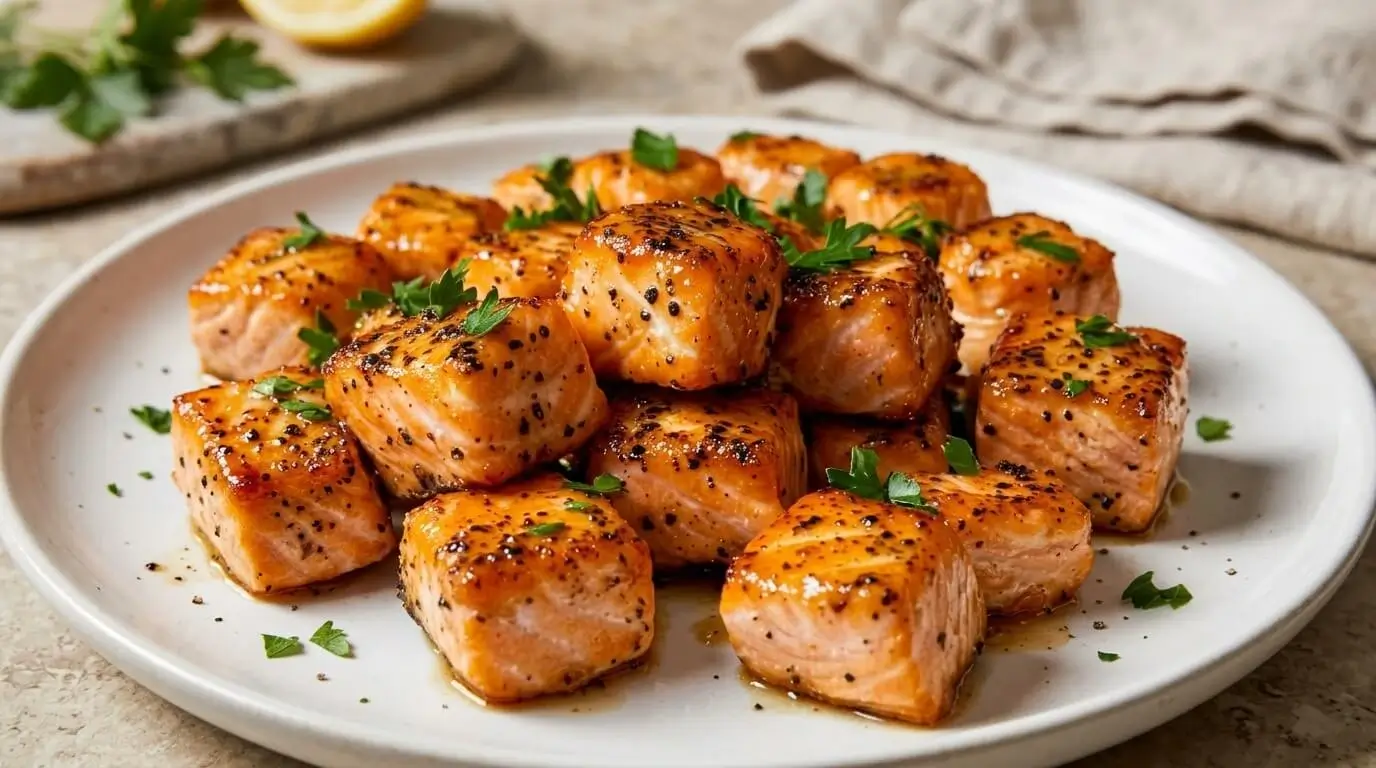 Golden caramelized pan-seared salmon bites coated in honey garlic glaze and coarse black pepper on a white plate.