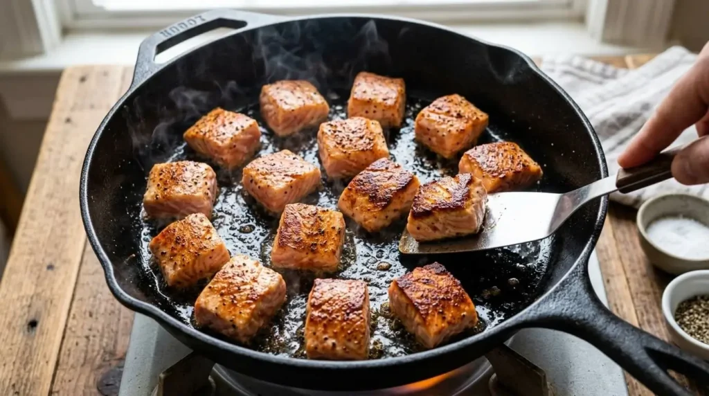 Searing seasoned salmon cubes in a single layer inside a hot skillet.