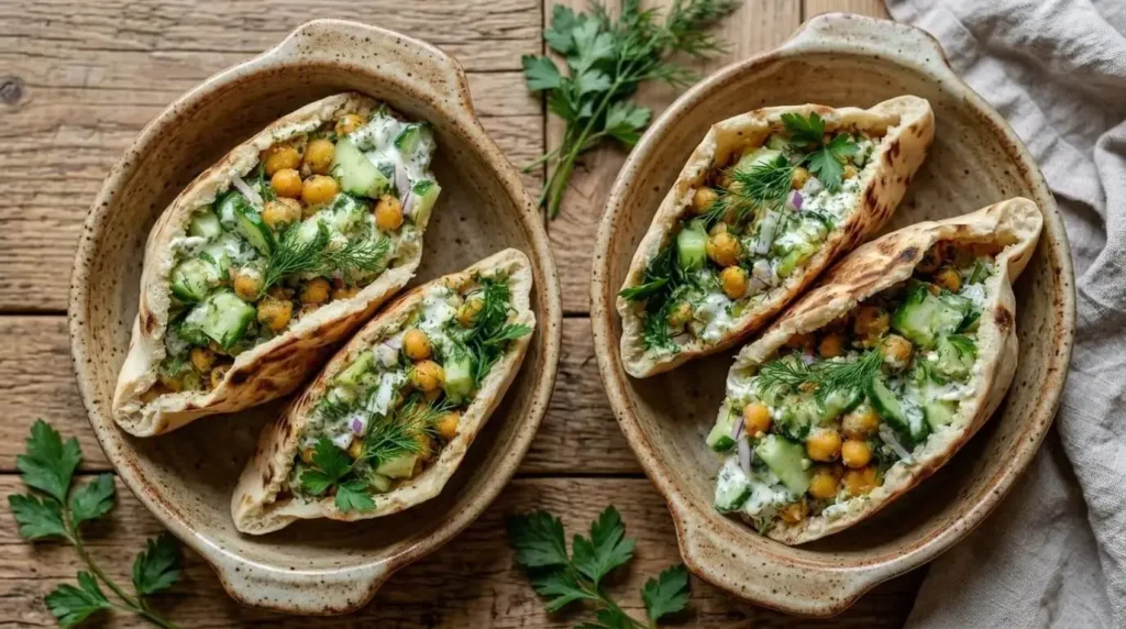 Two freshly stuffed cucumber and chickpea pita pockets in a ceramic dish garnished with fresh herbs.