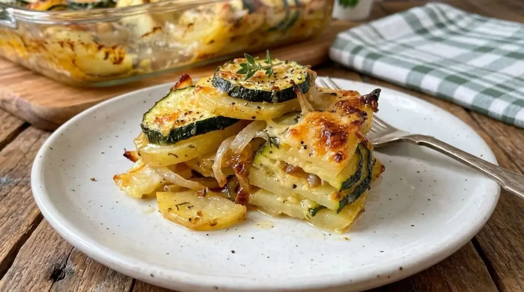 Plated portion of Mediterranean potato and zucchini bake with crispy cheese crust.