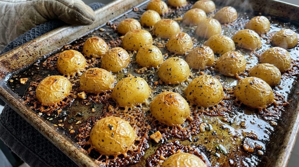 Sheet pan fresh from the oven showing golden caramelized parmesan cheese crust baked around halved roasted potatoes.